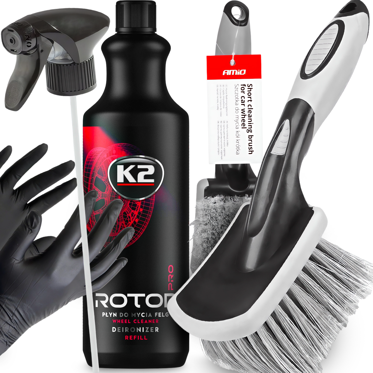 K2 ROTON PRO 1L KRWAWA FELGA PŁYN DO MYCIA KÓŁ SZCZOTKA DO FELG RĘKAWICZKI