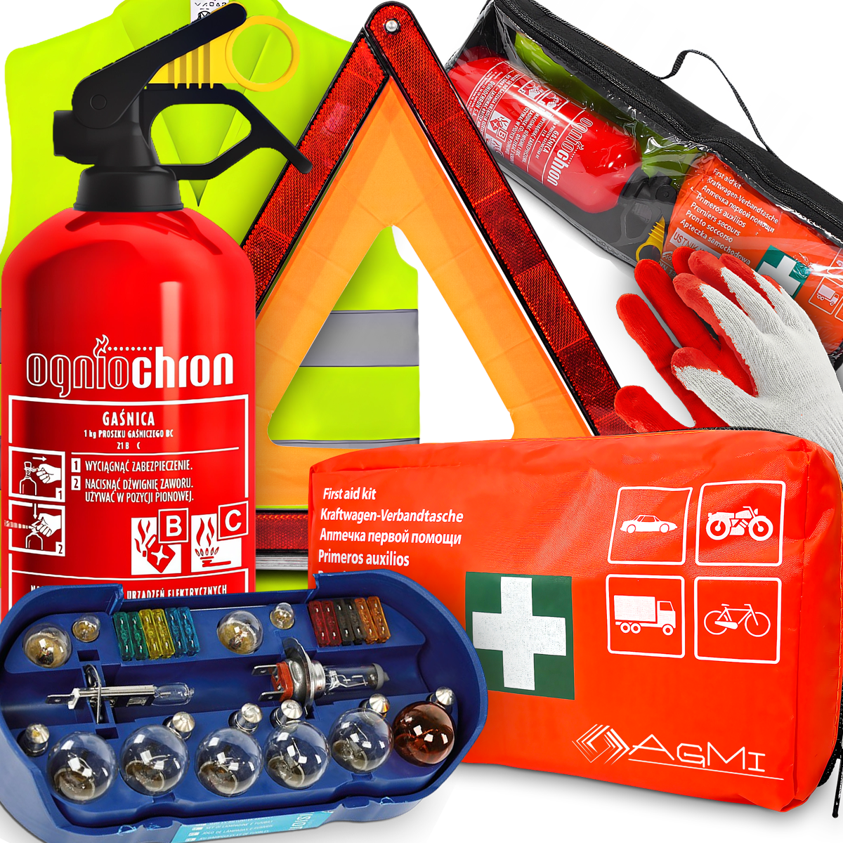 GAŚNICA 1KG TRÓJKĄT APTECZKA KAMIZELKA ZESTAW ŻARÓWEK ZAPASOWYCH TORBA