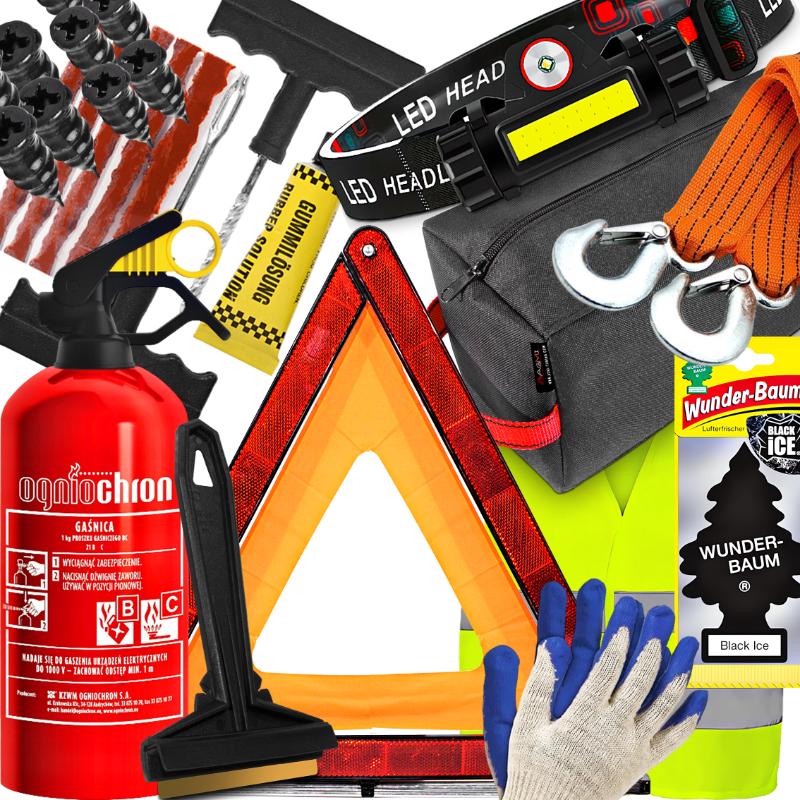 Gaśnica Trójkąt Latarka Wkręty Sznurki Do Naprawy Opon Kamizelka Murska 575