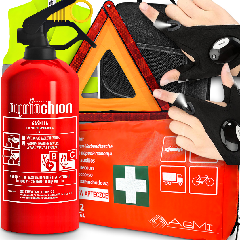 Gaśnica 1KG Ogniochron Apteczka Kamizelka Trójkąt Rękawiczki Z Latarką LED