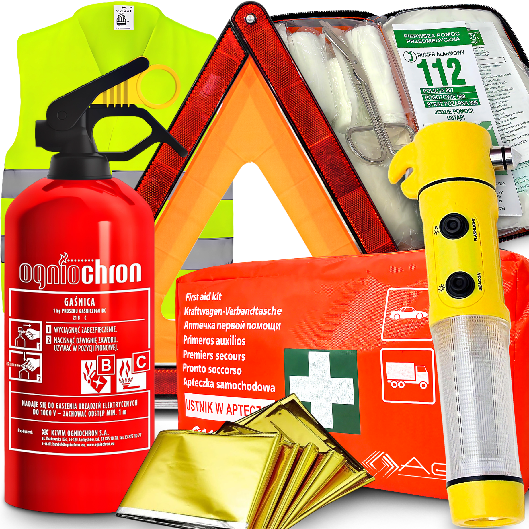 GAŚNICA 1KG APTECZKA DIN LATARKA NÓŻ DO PASÓW ZBIJAK DO SZYB TRÓJKĄT KAMIZE