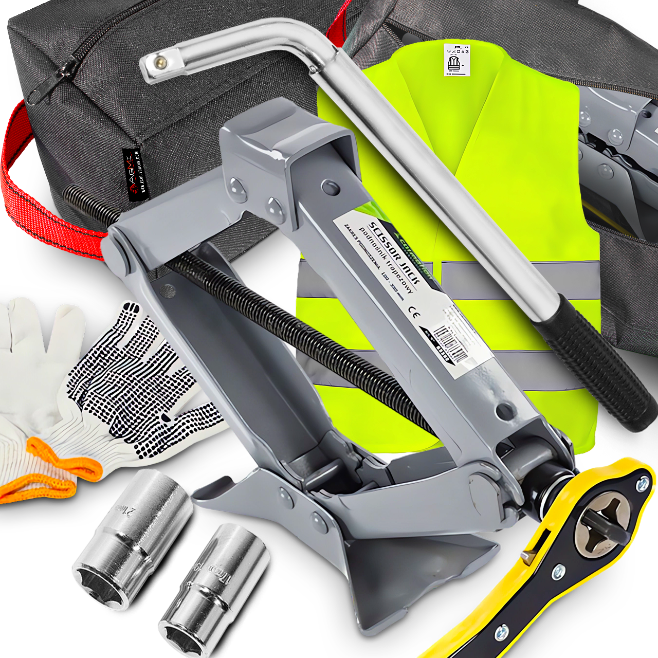 TORBA LEWAREK PODNOŚNIK TRAPEZOWY 2T KLUCZ DO KÓŁ 17/19/21 RĘKAWICE KAMIZEL