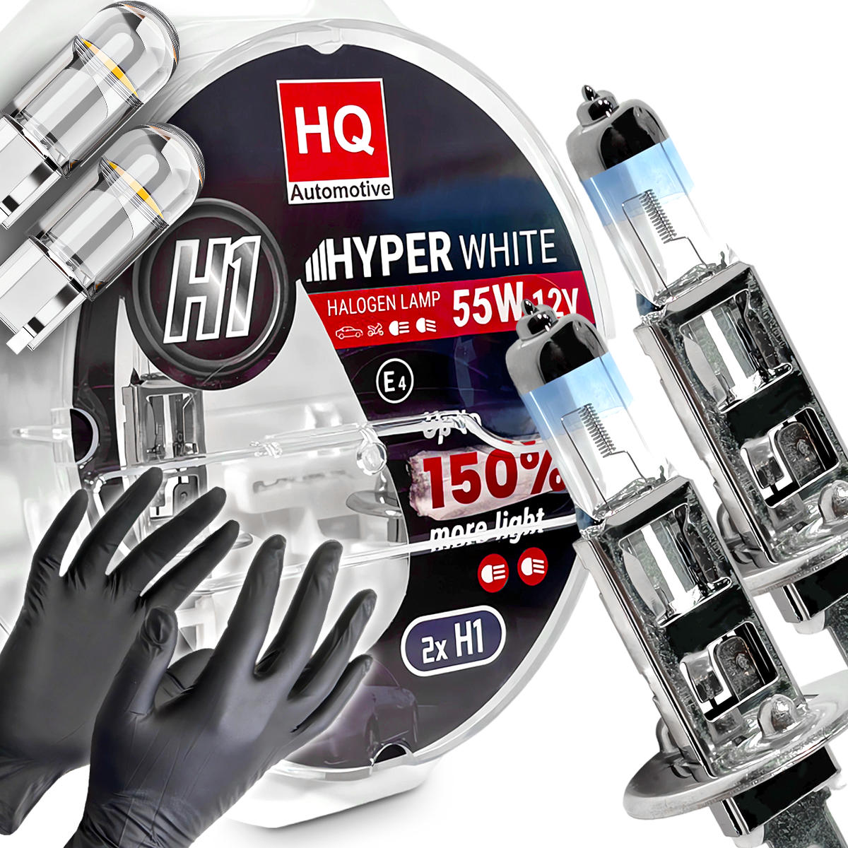 Żarówki H1 HQ Automotive +150% Więcej Światła Hyper White + W5W LED Clear