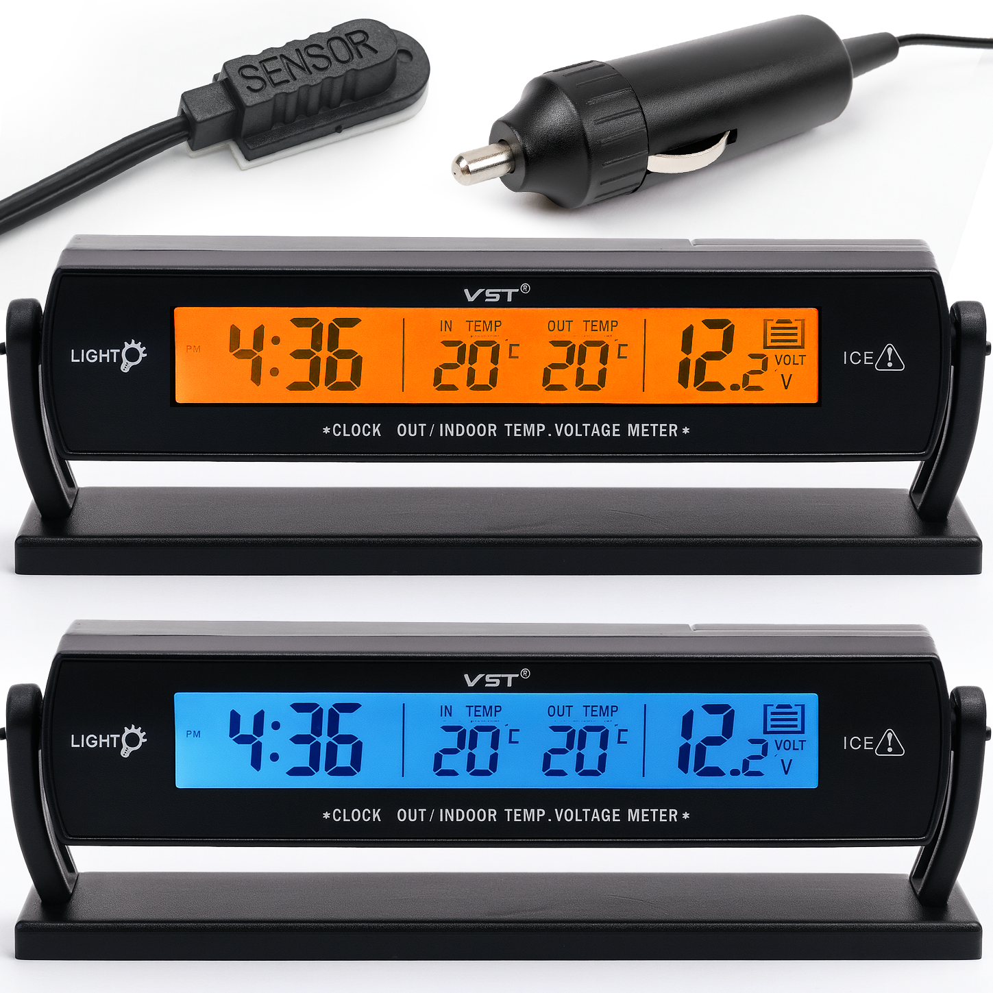 WOLTOMIERZ DO SAMOCHODU AUTA Z TERMOMETREM LCD ZEGAREK PODŚWIETLENIE