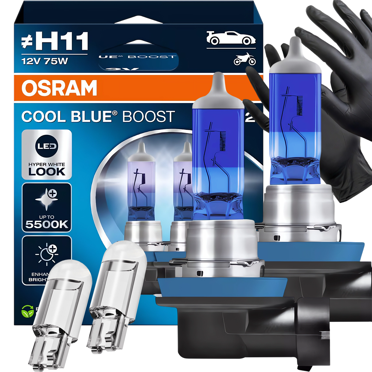 Żarówki Osram H11 Cool Blue Boost 5500K Białe + W5W Clear LED + Rękawiczki