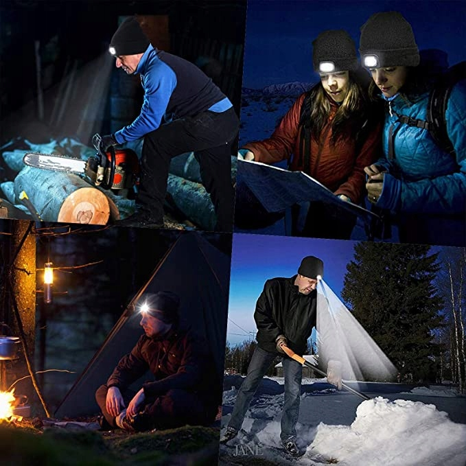 Czapka Zimowa LED Ciepła Z Lampką Czołową Dwustronna Latarka Ładowana USB