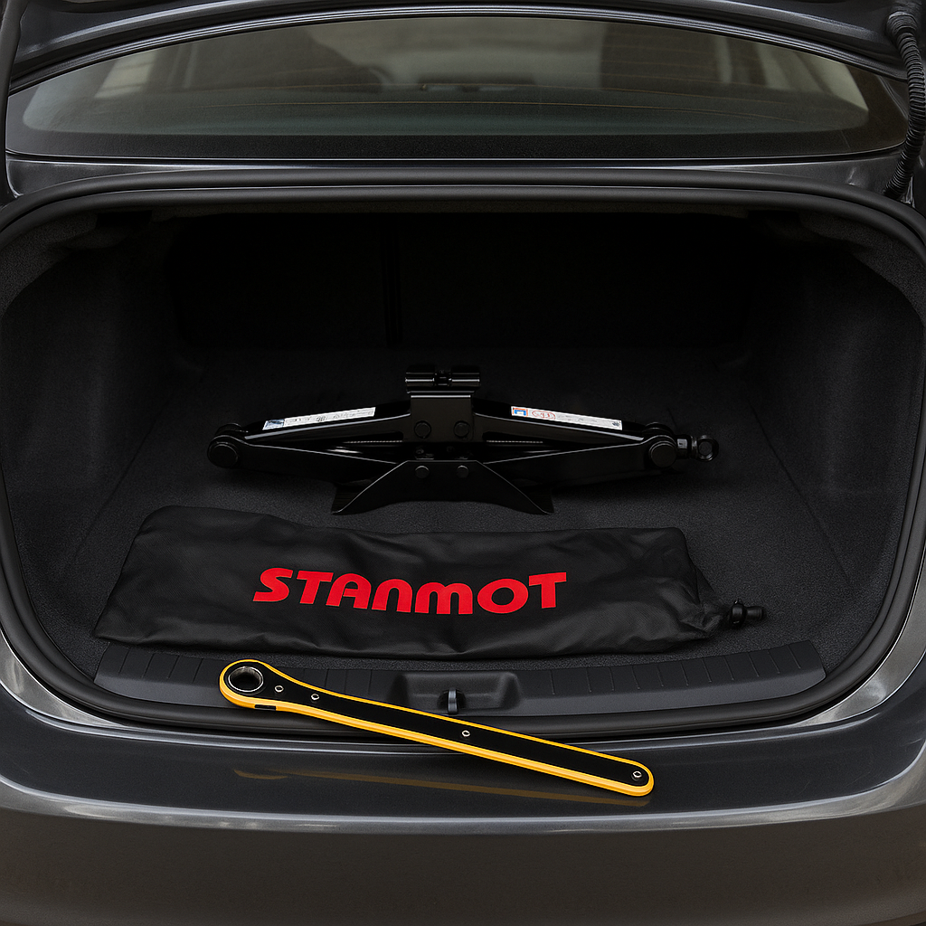 PODNOŚNIK TRAPEZOWY LEWAREK SAMOCHODOWY 1,5T KLUCZ Z GRZECHOTKĄ POKROWIEC