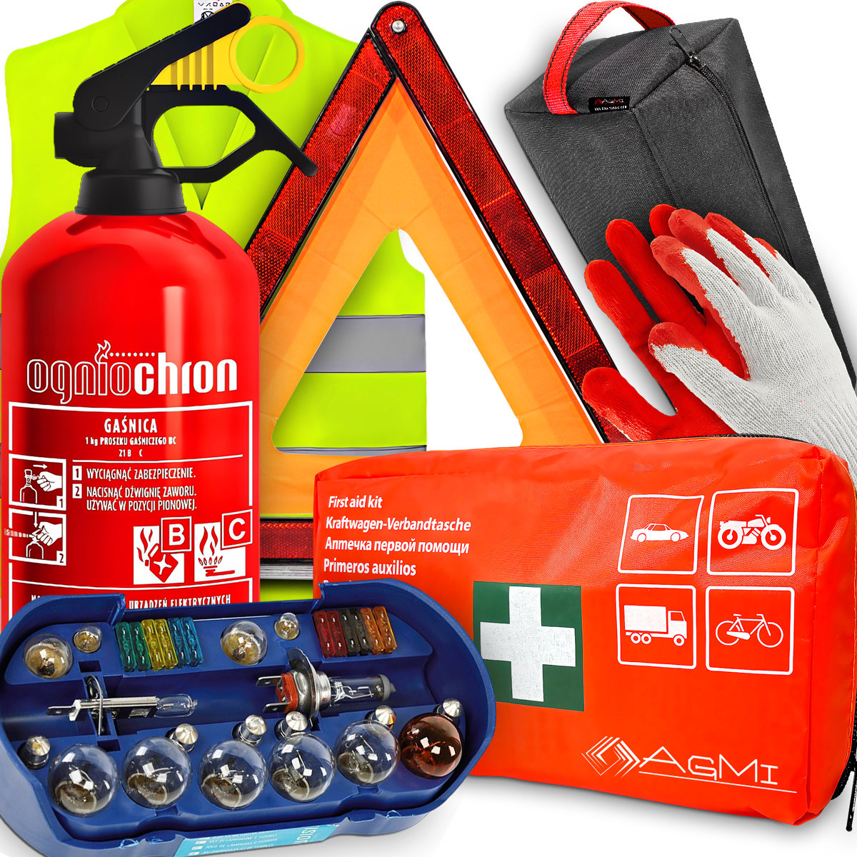 GAŚNICA 1KG TRÓJKĄT APTECZKA KAMIZELKA ZESTAW ŻARÓWEK ZAPASOWYCH TORBA