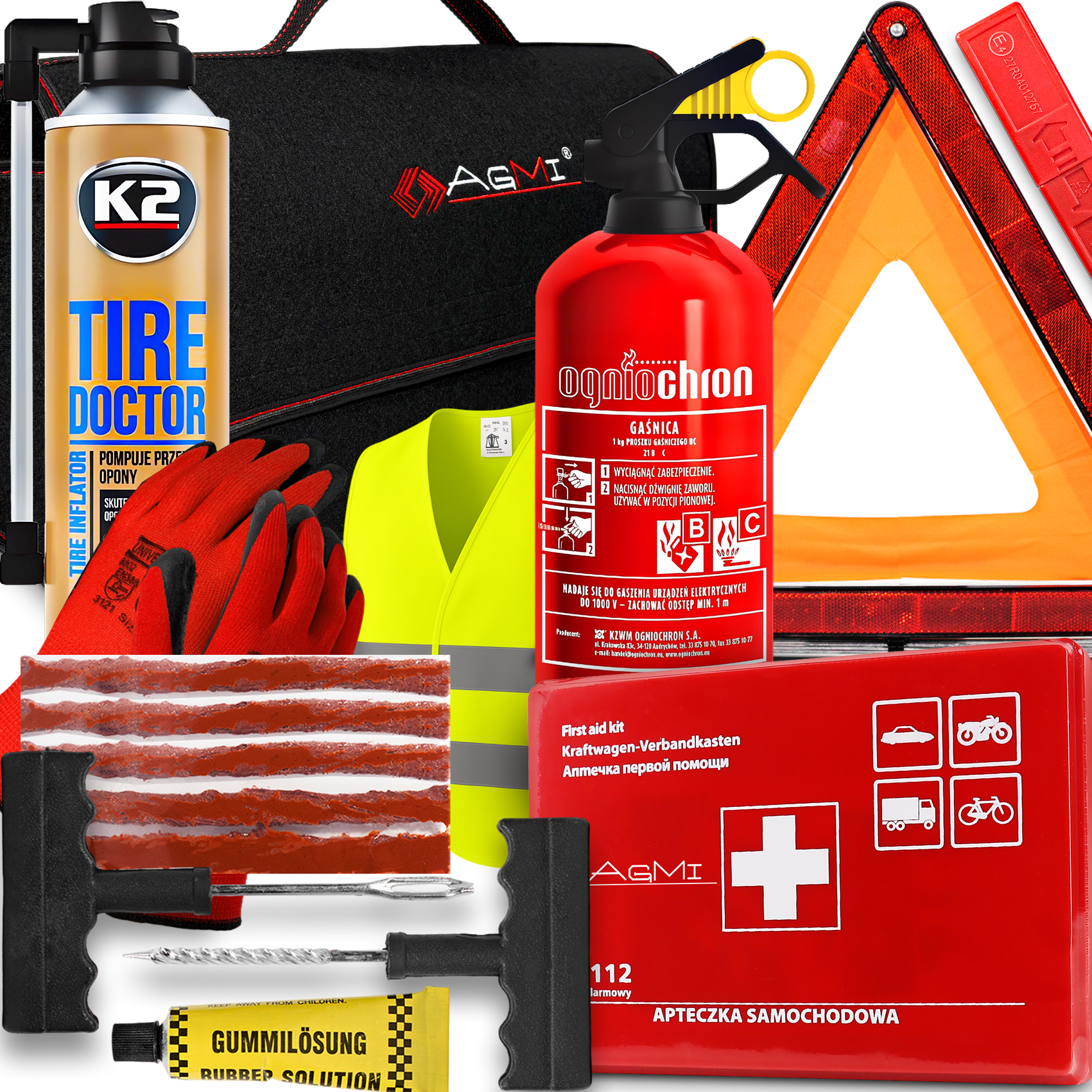 GAŚNICA 1KG APTECZKA TORBA K2 TIRE TRÓJKĄT RĘKAWICE ZESTAW DO NAPRAWY OPON