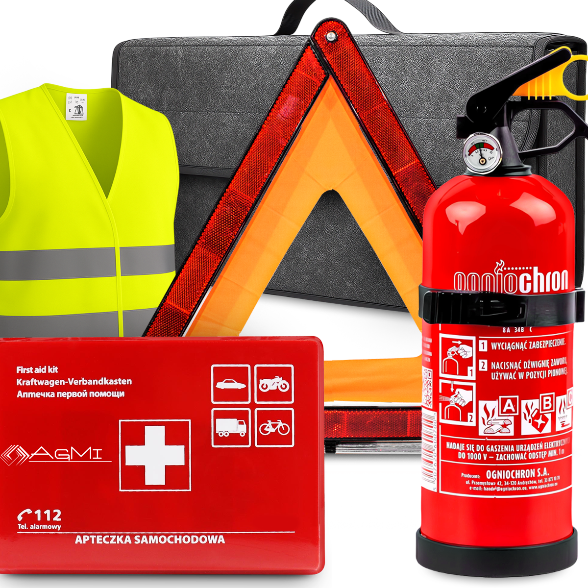 ZESTAW GAŚNICA 1KG MANOMETR APTECZKA AS6 KAMIZELKA TRÓJKĄT TORBA ORGAZNIER