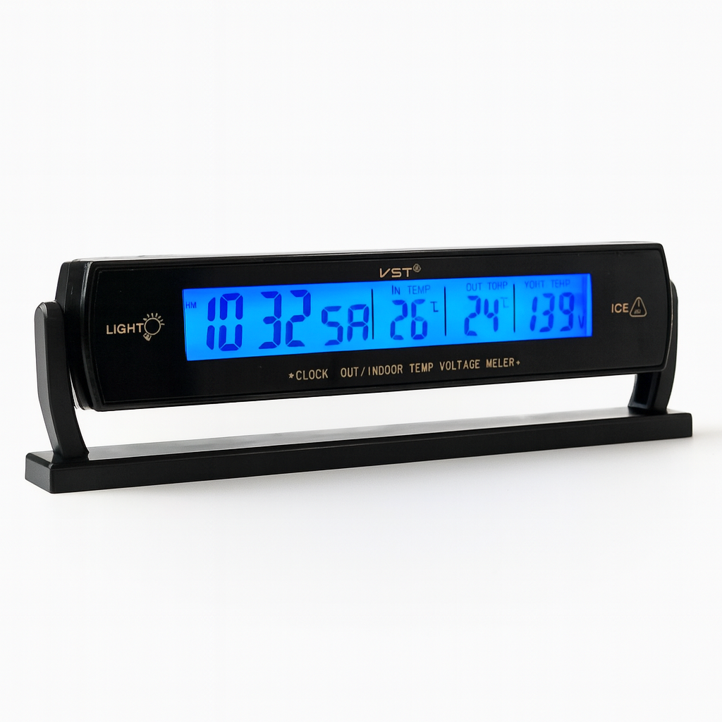 WOLTOMIERZ DO SAMOCHODU AUTA Z TERMOMETREM LCD ZEGAREK PODŚWIETLENIE