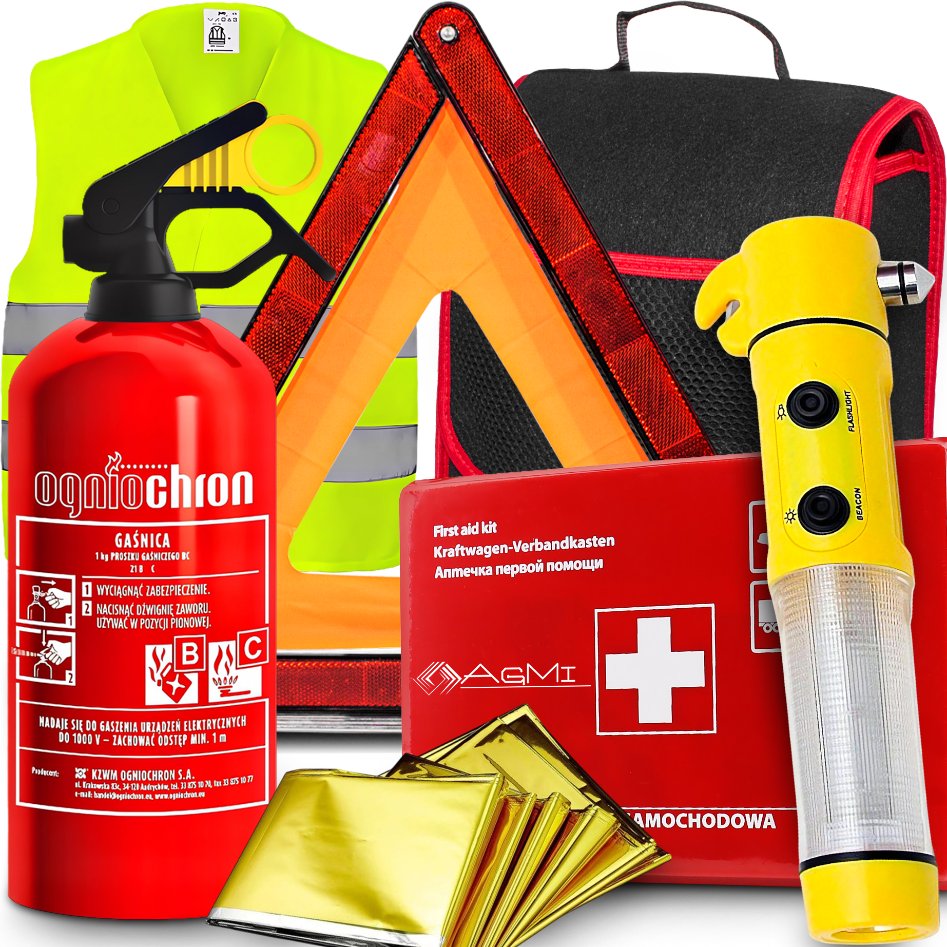 GAŚNICA 1KG APTECZKA LATARKA ZBIJAK DO SZYB NÓŻ DO PASÓW TRÓJKĄT KOC TORBA