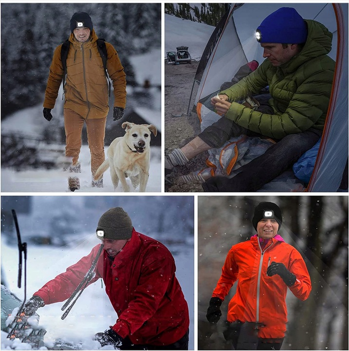 Czapka Zimowa LED Ciepła Z Lampką Czołową Dwustronna Latarka Ładowana USB