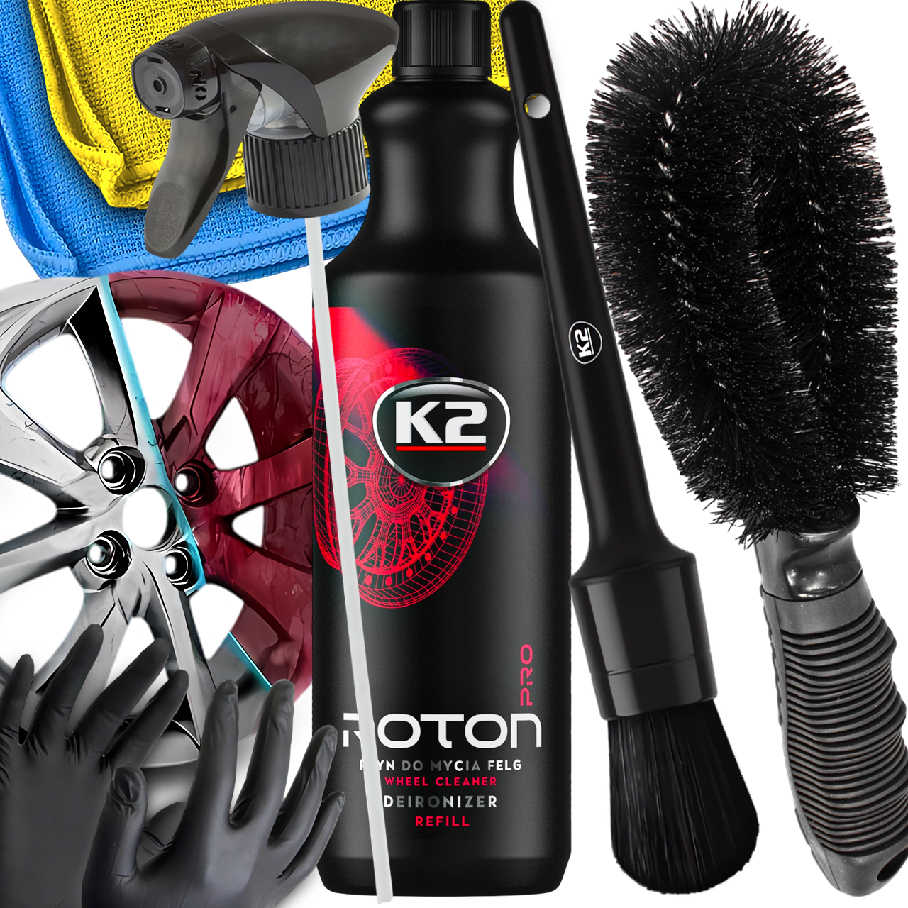 K2 ROTON PŁYN DO MYCIA FELG KRWAWA FELGA SZCZOTKA PĘDZELEK 2X MIKROFIBRA