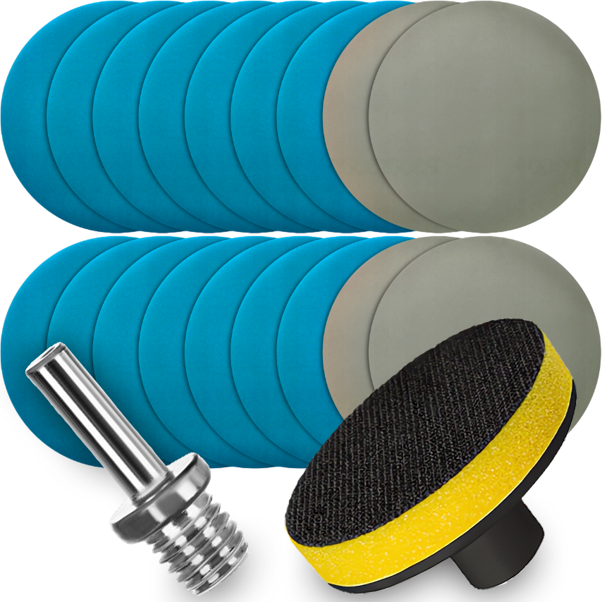 ZESTAW DO REGENERACJI LAMP REFLEKTORÓW LAKIER 2K 3W1 KRĄŻKI ŚCIERNE ODTŁUSZ