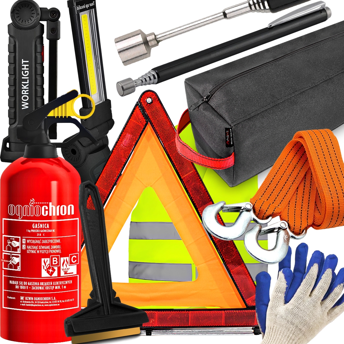Gaśnica Kamizelka Trójkąt Latarka Chwytak Magnes Linka Torba Rękawiczki