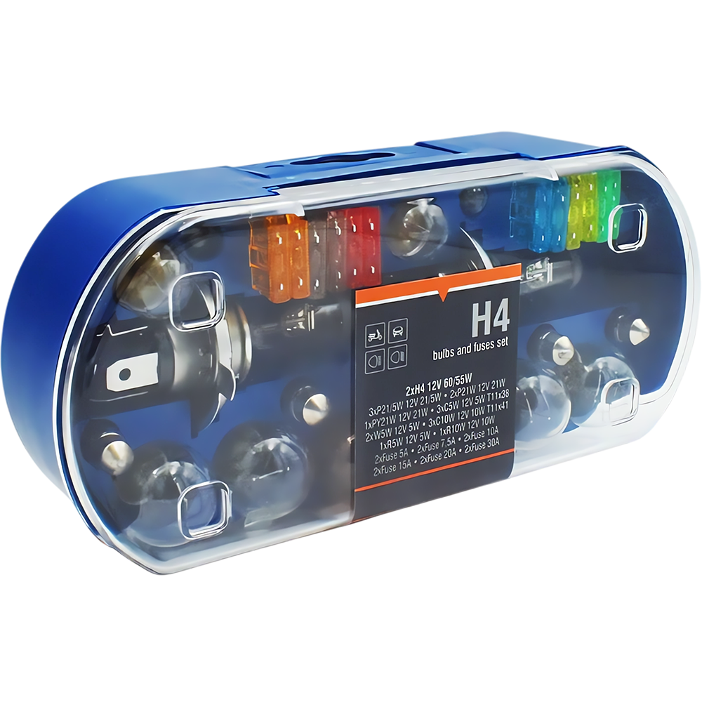 ZESTAW KOMPLET ŻARÓWEK ZAPASOWYCH ŻARÓWKI 2x H4 12V + BEZPIECZNIKI ZASOBNIK