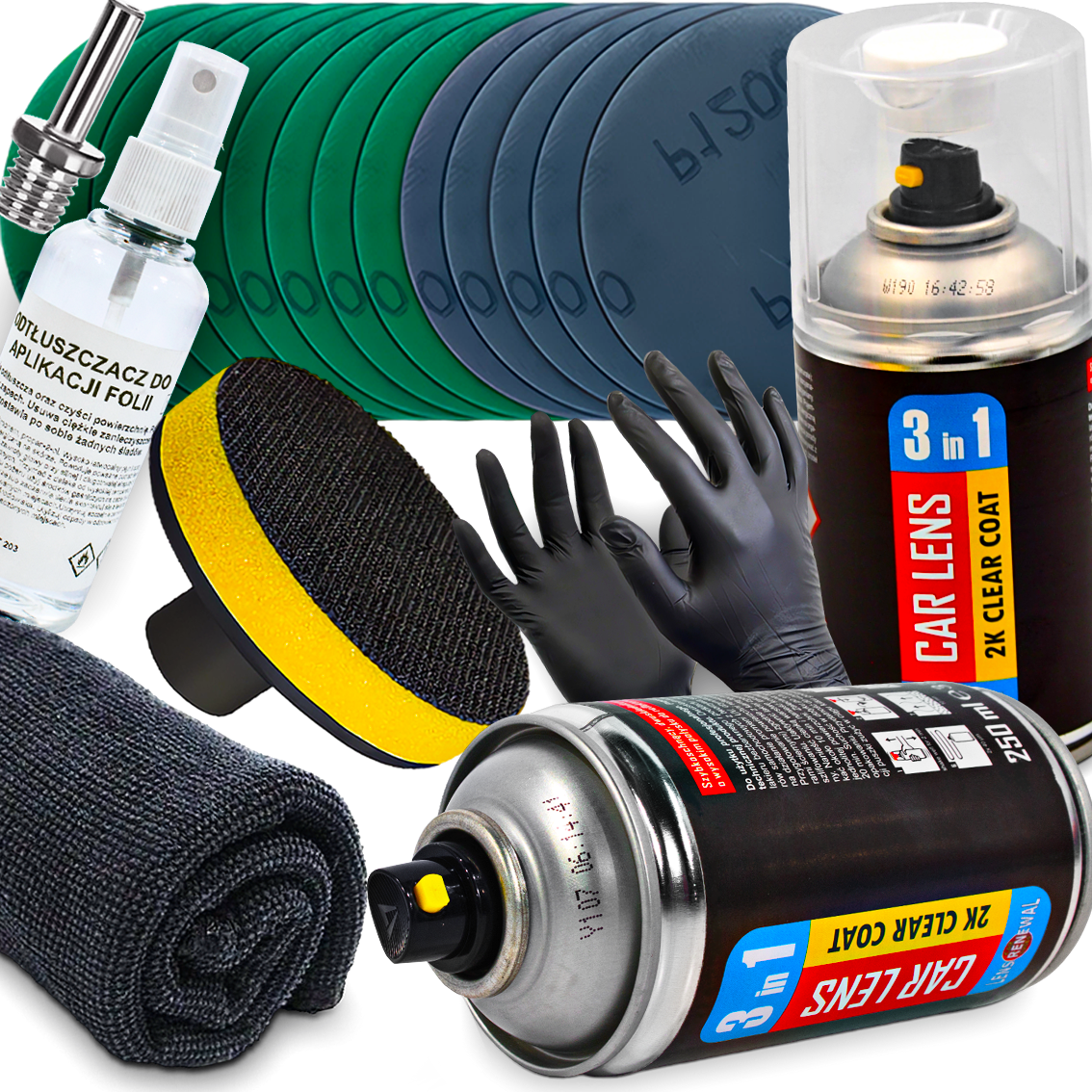 ZESTAW DO REGENERACJI LAMP REFLEKTORÓW LAKIER 2K 3W1 KRĄŻKI ŚCIERNE ODTŁUSZ