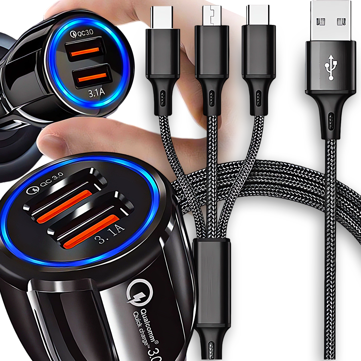 ŁADOWARKA 2x USB QUICK CHARGE 3.0 KABEL USB 3W1 LIGHTNING MICRO USB C 120CM