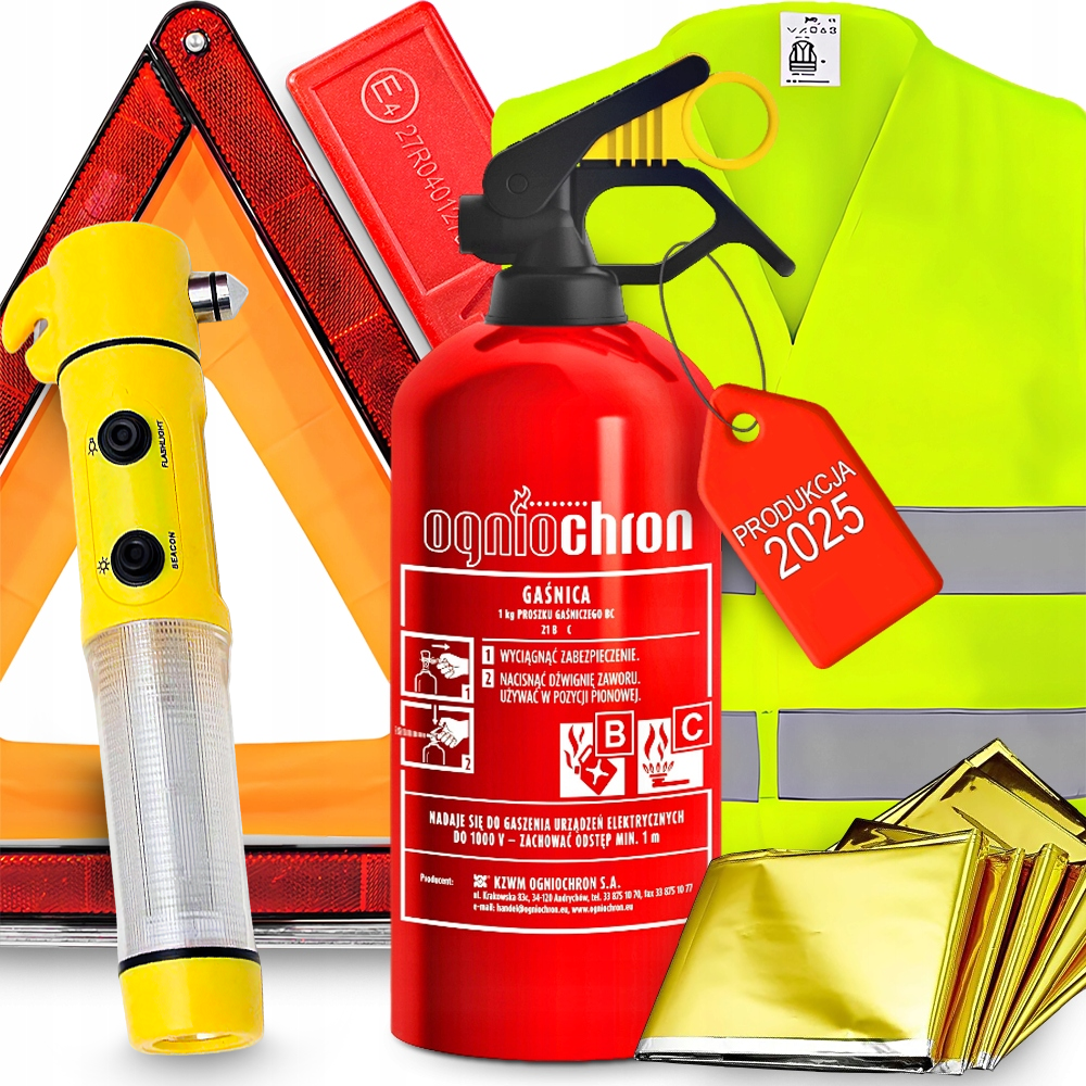 GAŚNICA APTECZKA LATARKA ŻYCIA ZBIJAK SZYB NÓŻ DO PASÓW TRÓJKĄT KAMIZELKA