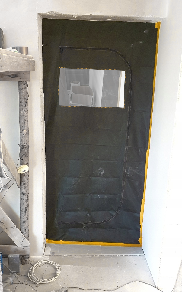 DRZWI PRZECIWPYŁOWE WIZJER KURTYNA REMONT BUDOWLANE ZAMEK TAŚMA NIEBIESKA