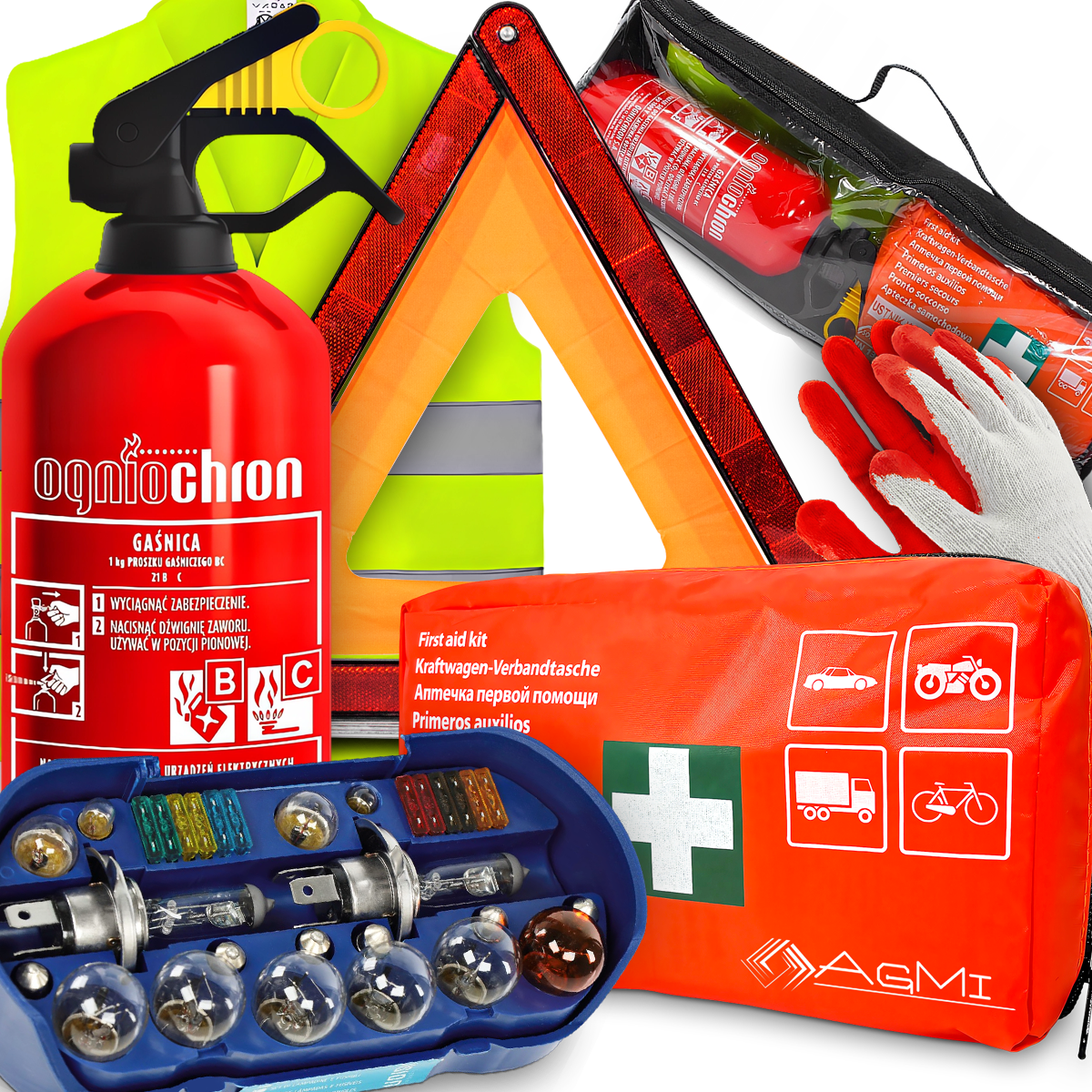 GAŚNICA 1KG TRÓJKĄT APTECZKA KAMIZELKA ZESTAW ŻARÓWEK ZAPASOWYCH TORBA