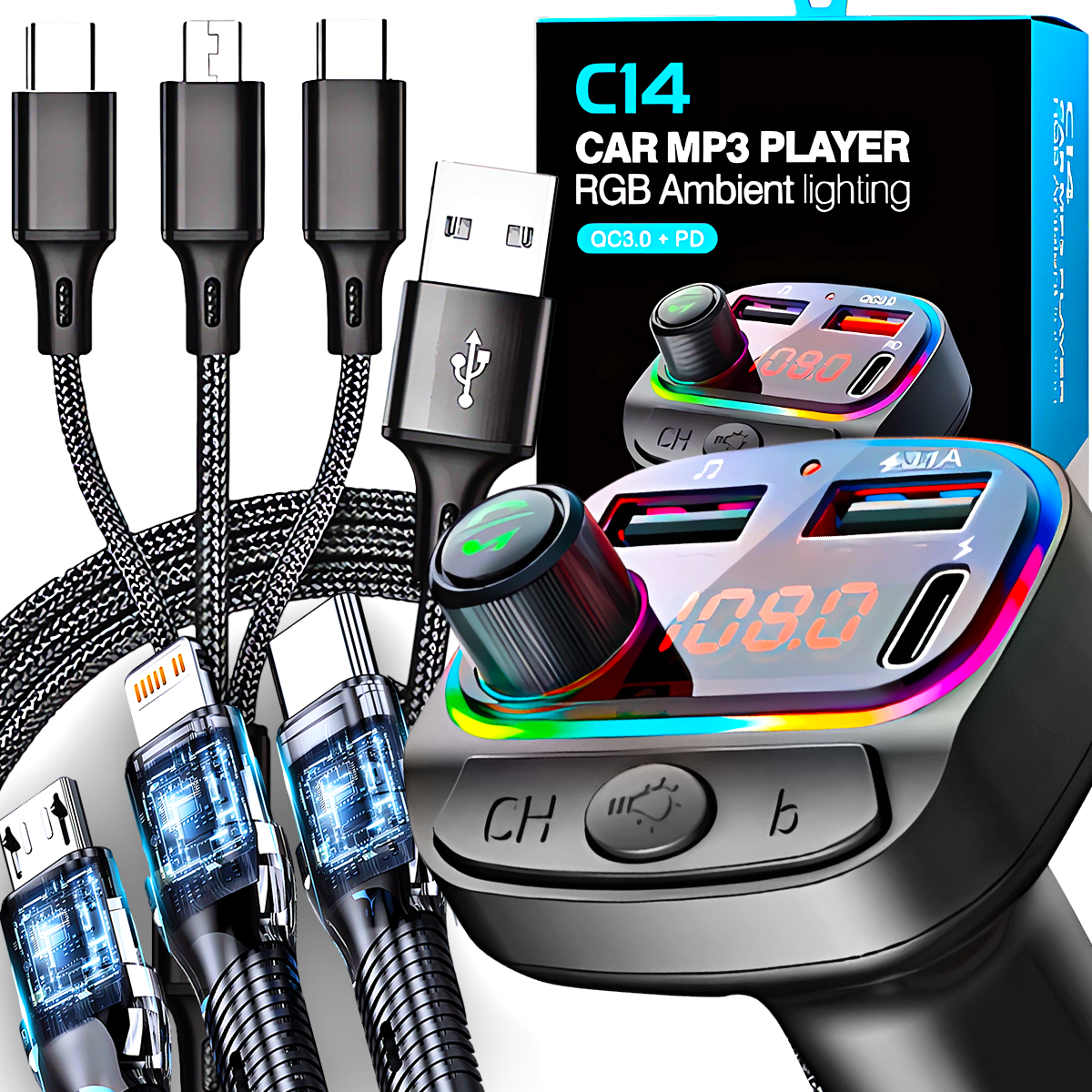 Transmiter FM BT PD 24W QC3.0 KABEL USB 3W1 LIGHTNING MICRO-USB USB C