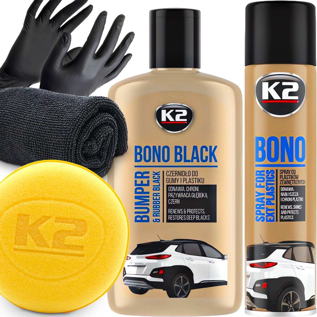 Zestaw Do Odnawiania Plastików Gumy Czernidło Gąbka Aplikator K2 Bono Black