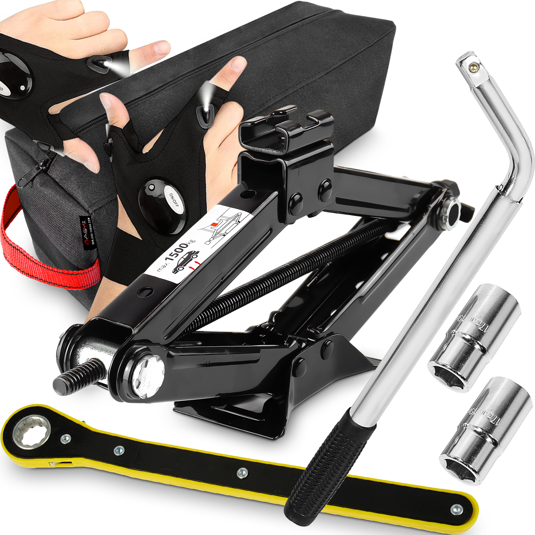 Klucz Teleskopowy Do Kół Podnośnik Lewarek Trapez Rękawiczki Z Latarką LED