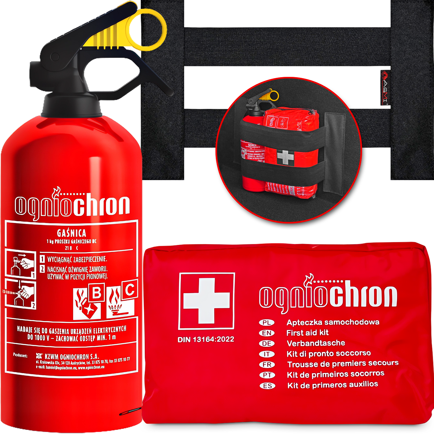 GAŚNICA 1KG APTECZKA DIN13164 OGNIOCHRON + MOCOWANIE DO BAGAŻNIKA NA RZEP