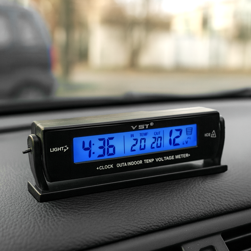 WOLTOMIERZ DO SAMOCHODU AUTA Z TERMOMETREM LCD ZEGAREK PODŚWIETLENIE
