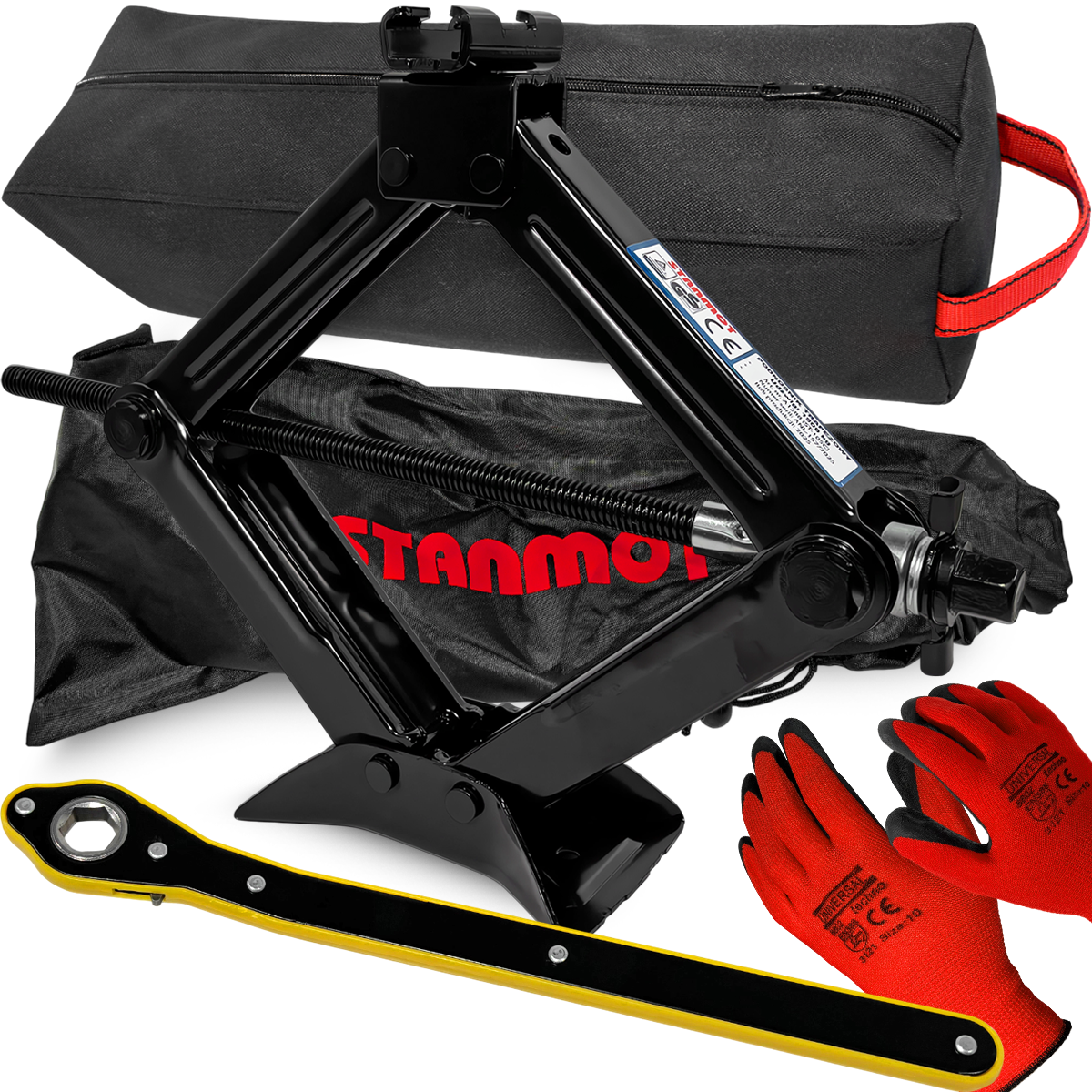 PODNOŚNIK LEWAREK 1,5T KLUCZ GRZECHOTKA RĘKAWICE OCHRONNE TORBA ORGANIZER