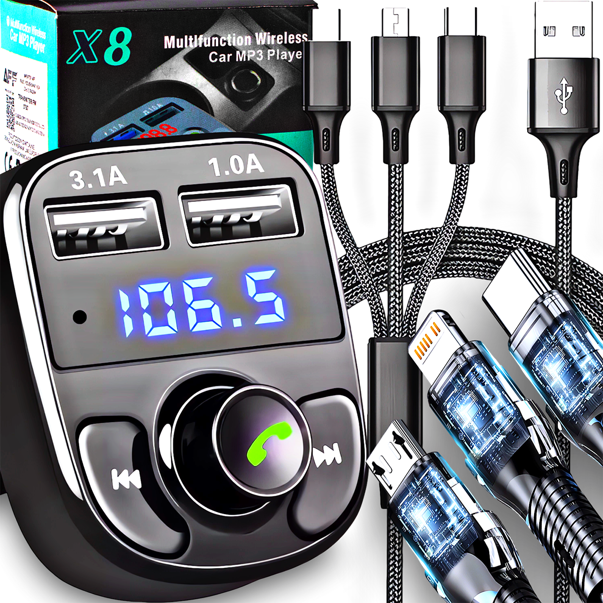 TRANSMITER BLUETOOTH FM MP3 AUDIO BT KABEL USB 3W1 LIGHTNING MICRO USB C