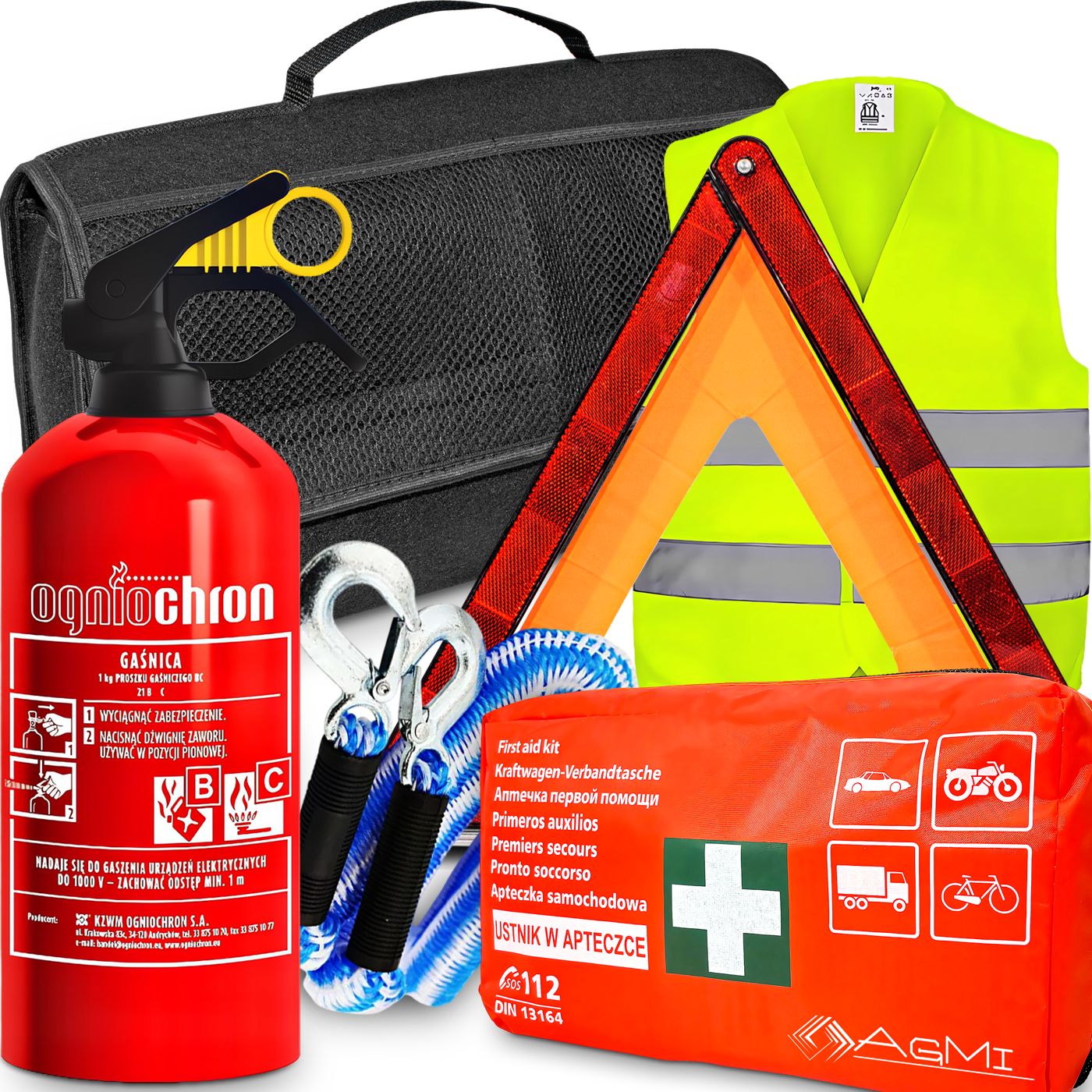 ZESTAW SAMOCHODOWY GAŚNICA APTECZKA KAMIZELKA TRÓJKĄT LINKA TORBA DUŻA