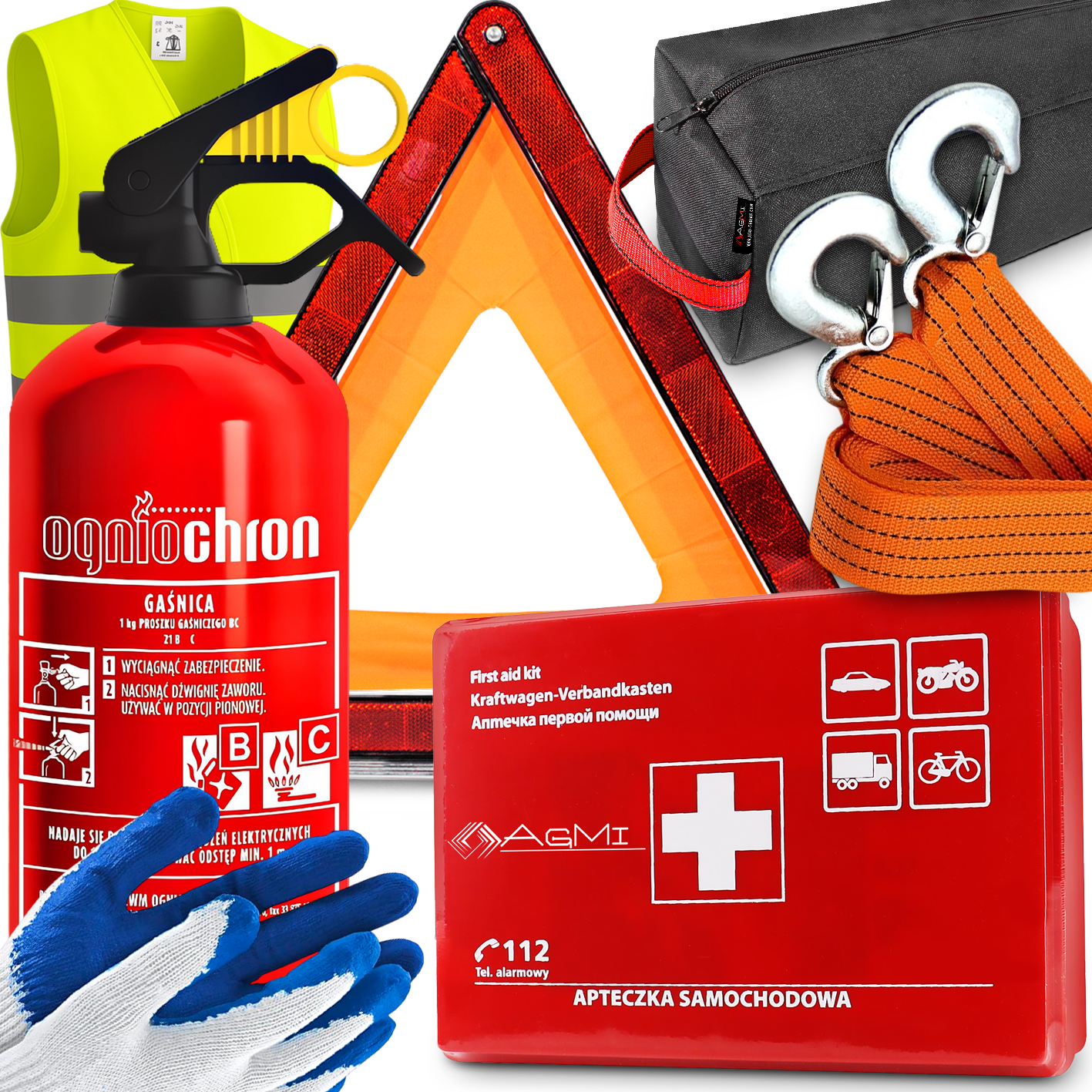 ZESTAW SAMOCHODOWY GAŚNICA APTECZKA KAMIZELKA PAS HOLOWNICZY LINKA TRÓJKĄT