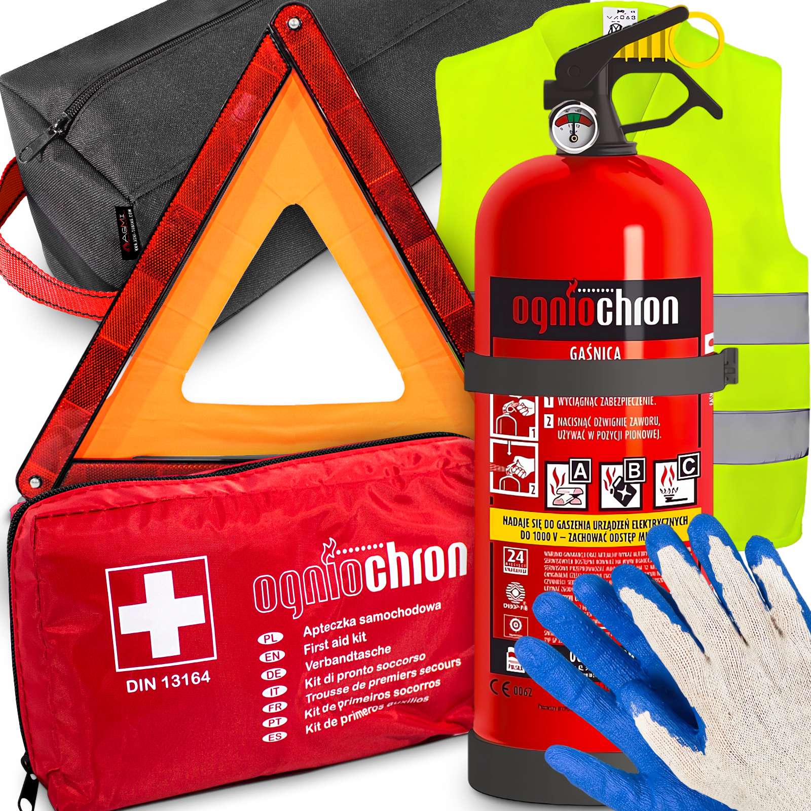 Gaśnica 2KG Apteczka DIN13164 Samochodowa Trójkąt Kamizelka Torba Rękawiczki