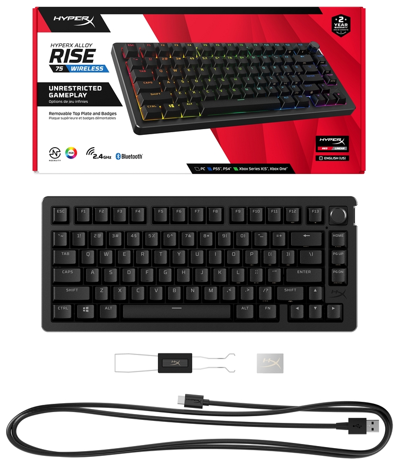 Klawiatura bezprzewodowa HyperX Alloy Rise 75 Wireless RGB anty-ghosting 3w1 Bluetooth/USB/2.4GHz 91Y91AA, układ QWERTY US/PL