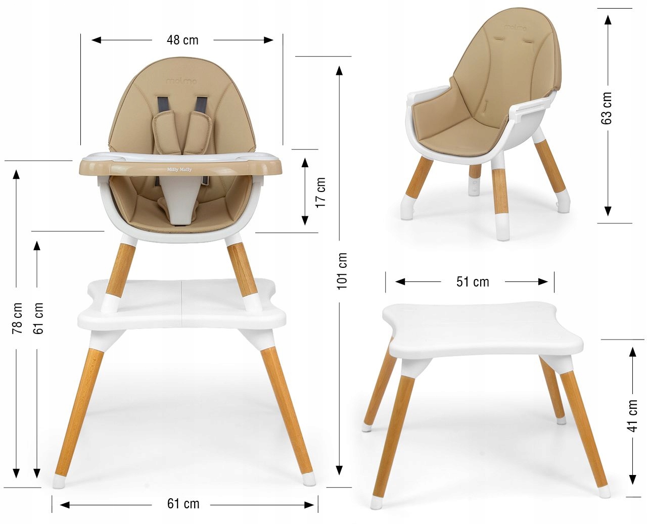 Krzesełko do karmienia 2w1 drewniane taca stolik Malmo Milly Mally
