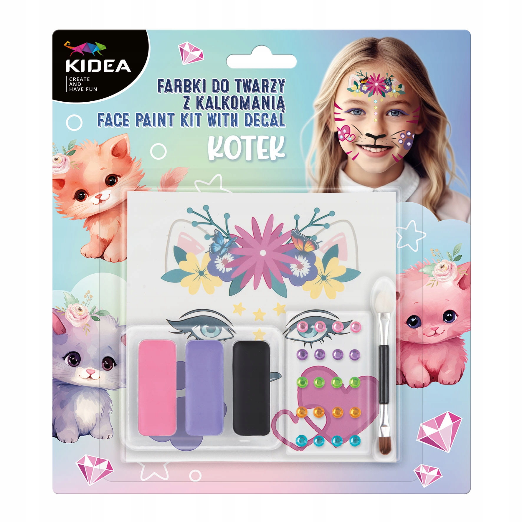 KIDEA ZESTAW FARBKI DO MALOWANIA TWARZY Z DIAMENTAMI I KALKOMANIĄ KOTEK