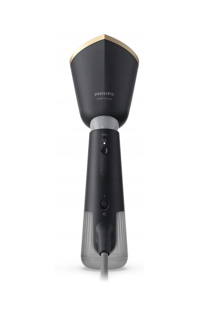 Parownica Philips STH5030/80 widoczna od tyłu, prezentująca panel sterowania z trybami MAX i ECO. Na czarnej, matowej obudowie rączki widoczne jest logo marki oraz przycisk zasilania nad przezroczystym zbiornikiem.