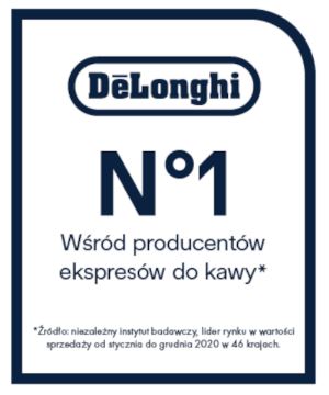 Grafika z logo DeLonghi i dużym napisem N°1 Wśród producentów ekspresów do kawy.