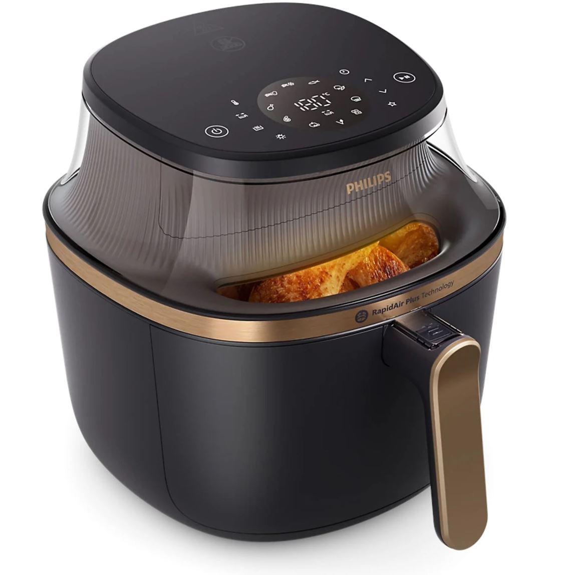 Черная фритюрница Philips Ovi NA322 с открытым ящиком и жареной курицей.