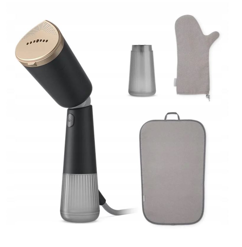 Parownica Philips STH5030/80 w kolorze czarno-złotym, pokazana razem z dołączonymi akcesoriami. W skład zestawu wchodzi szara mata do prasowania, rękawica ochronna oraz dodatkowy przezroczysty zbiornik na wodę.