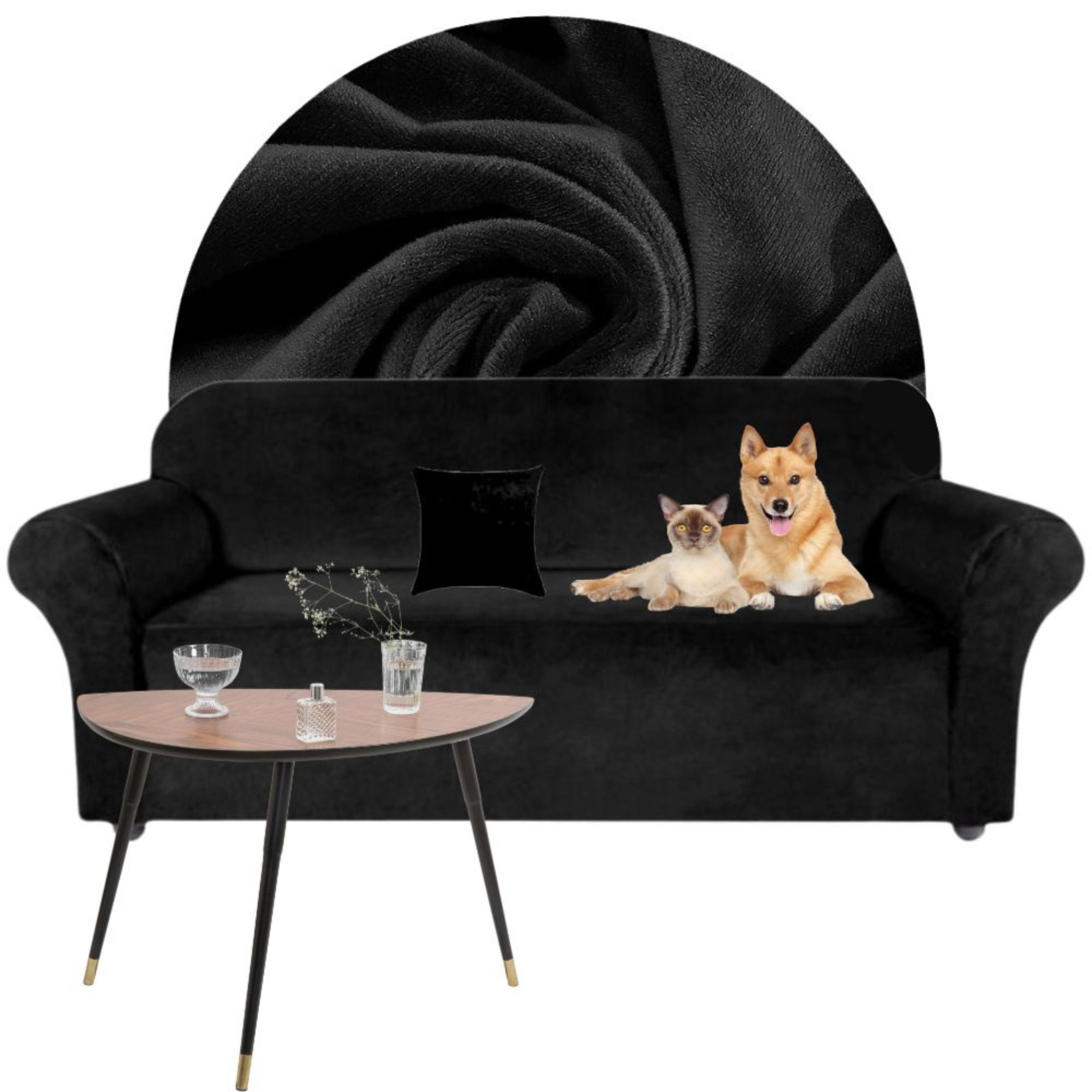 POKROWIEC NA KANAPĘ SOFĘ NAROŻNIK ELASTYCZNY WELUR AKSAMIT 190-230 CZARNY