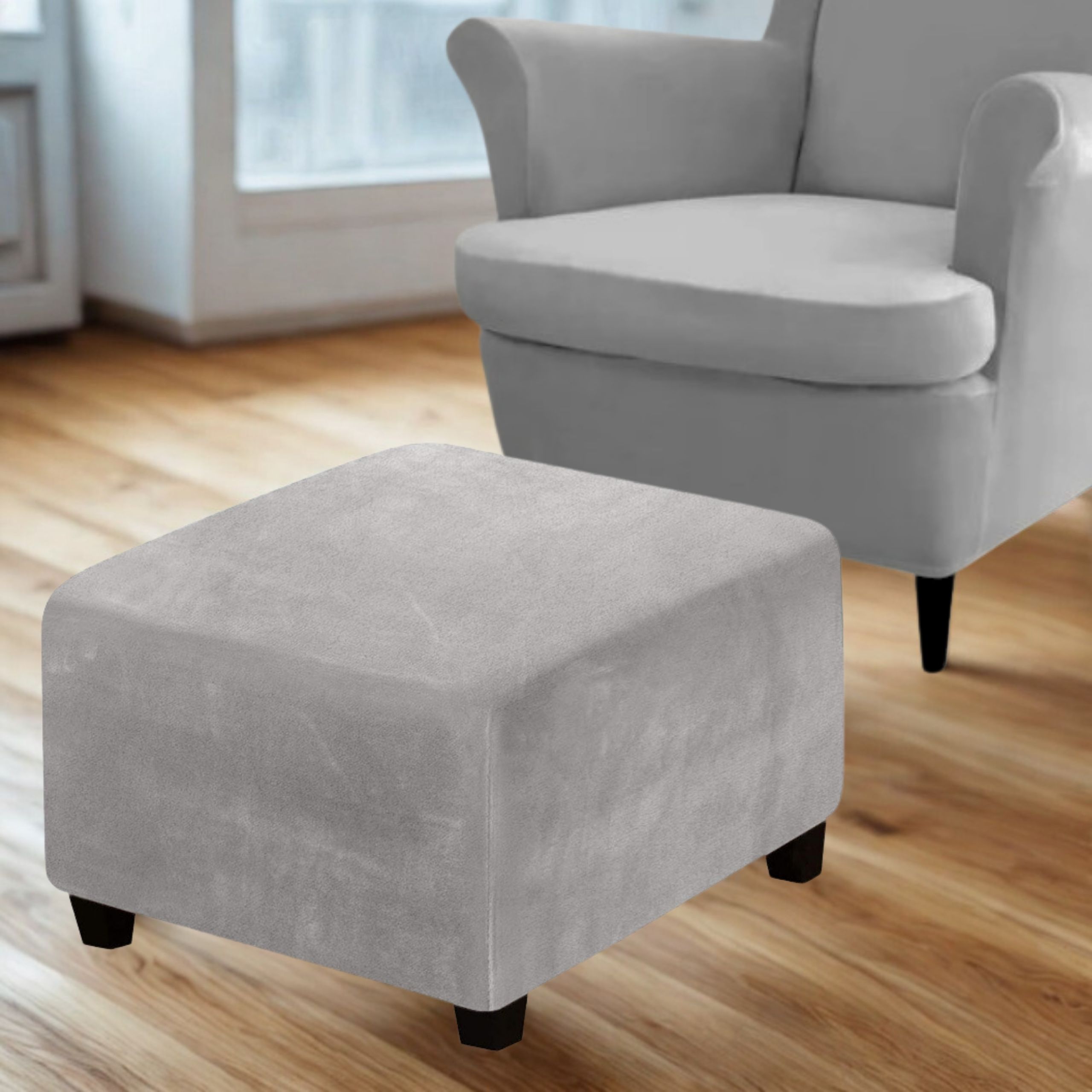 POKROWIEC NA PODNÓŻEK PUF ELASTYCZNY WELUR PREMIUM AKSAMIT JASNY SZARY.