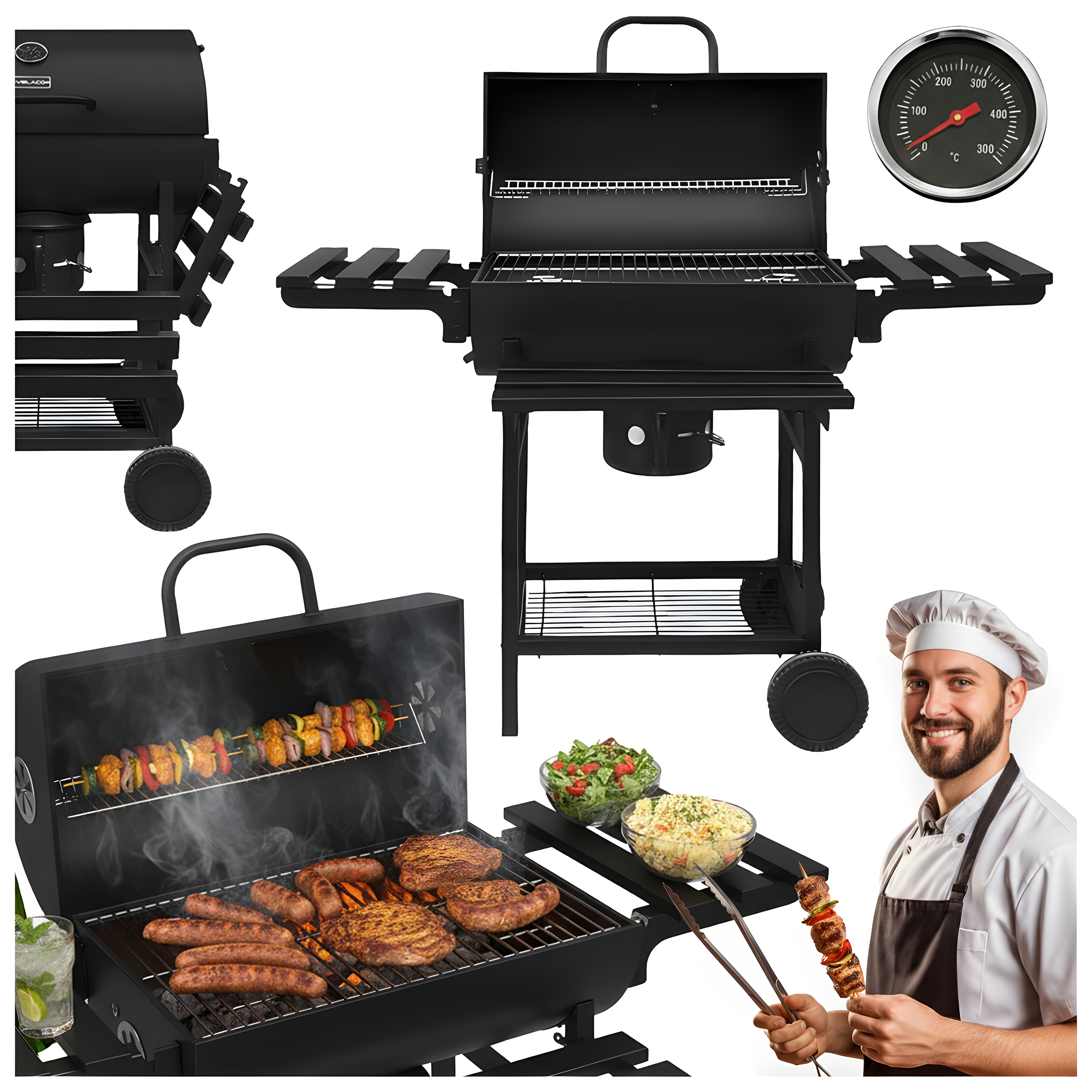 GRILL WĘGLOWY ZAMYKANY OGRODOWY Z PÓŁKAMI BLATEM POKRYWA BECZKA POPIELNIK VL19