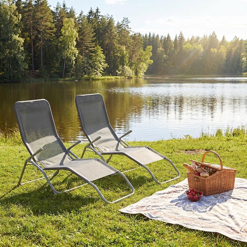 ZESTAW 2 LEŻAKÓW FOTELI OGRODOWYCH PLAŻOWYCH TURYSTYCZNYCH PATIO SZARYE ROZKŁADANE ZES-PATIO-GR