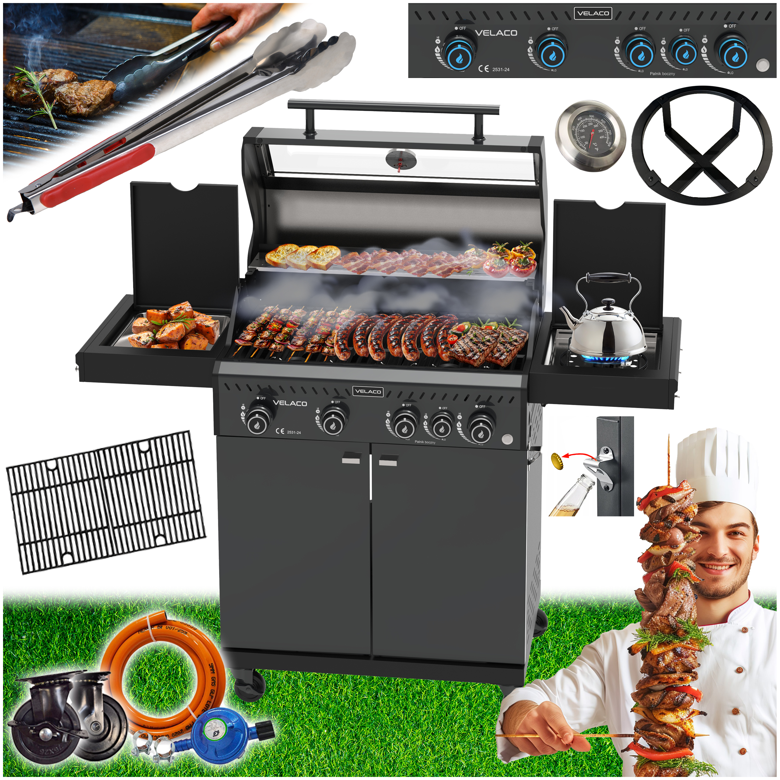 ZESTAW GRILL OGRODOWY GAZOWY Z POKRYWĄ I PÓŁKAMI ZEUS-C CZARNY RUSZT ŻELIWNY ZEUS-C