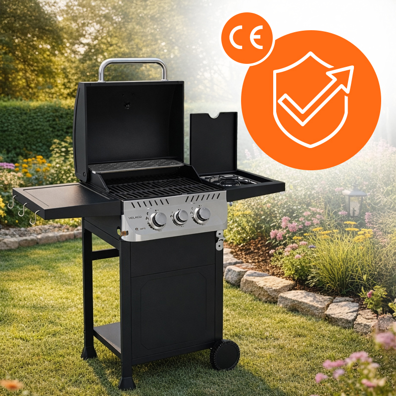 GRILL OGRODOWY GAZOWY Z POKRYWĄ I PÓŁKAMI APOLLO-A CZARNY RUSZT ŻELIWNY 8,5 KW APOLLO-A