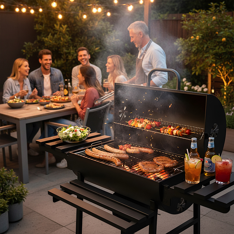 GRILL WĘGLOWY ZAMYKANY OGRODOWY Z PÓŁKAMI BLATEM POKRYWA BECZKA POPIELNIK VL19